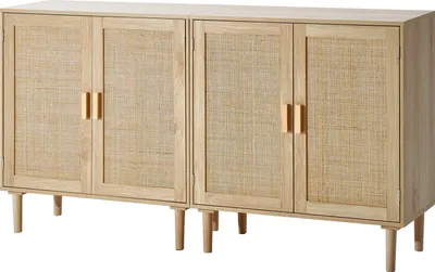 A light wood sideboard with rattan woven doors and four legs, shown against a white background.