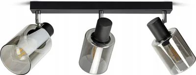 A three-headed black ceiling light with smoked glass shades.