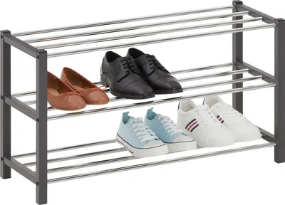 Produktbild von Schuhregal DUBLIN mit 3 Ablagen in grau. Robuste Schuhablage mit Metallrahmen, edel verchromt. Ideal für Flur und Diele.