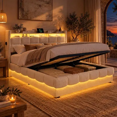 Obrázek produktu pro Postel INONEFT, potažená látkou, rozměry 140x200 cm, s LED osvětlením a USB/C porty, hydraulická postel pro mládež s úložným prostorem v čele, dvoulůžko s úložným prostorem a rošt, potah z plyšové látky, barva béžová