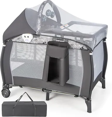 Imagen del producto de Cuna portátil 4 en 1, ideal para viajes, con colchón plegable, cuna para bebé con cambiador, dosel, arco de juegos y música, moisés con ruedas, y bolsa de transporte para bebés hasta 36 meses (gris)
