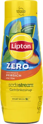 A product shot of a bottle of Lipton Zero Peach Ice Tea syrup for Sodastream.