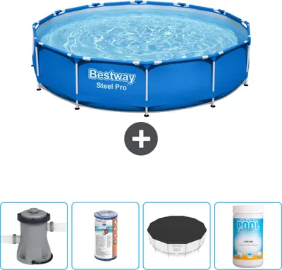 Produktbild von Bestway Round Steel Pro Swimmingpool – 366 x 76 cm – Blau – inklusive Pumpe Filter - Abdeckung - Chlor