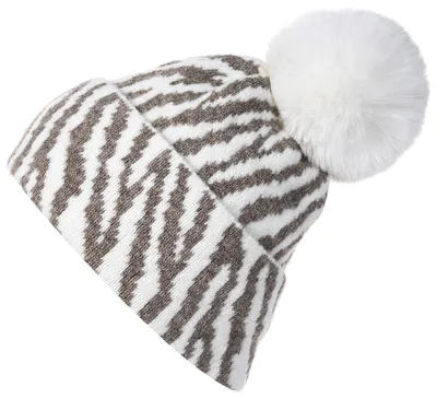 Produktbild von styleBREAKER Damen Bommelmütze Strick mit Zebra Muster | warme Strickmütze mit Kunstfell Pompon | elastische Winter Beanie Pudelmütze Viskose