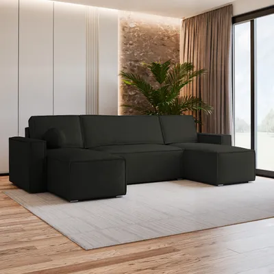 Produktbild von Masseno Ecksofa PESANO M mit Schlaffunktion U-Form, Sofa mit Bettkasten, Wohnzimmersofa, Couch, Soffa, Bettsofa, Couchgarnitur- Schwarz, MONOLITH 95