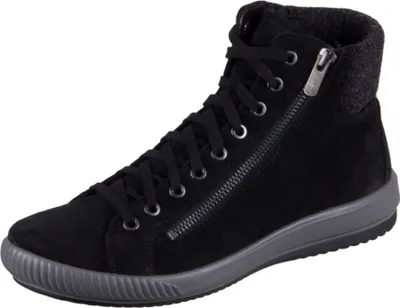 A single black high-top sneaker with a gray sole and a zipper on the side, shown against a white background.