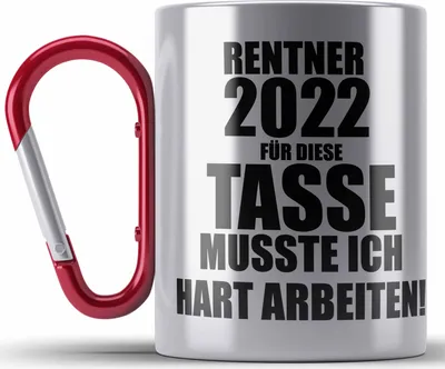 Produktbild von Trendation - Rente Edelstahl Tasse Karabiner 2022 Spruch Ruhestand Rentner Geschenk Rentnerin Karabiner Edelstahl Tasse Karabiner Edelstahl Renteneintritt (Rot)
