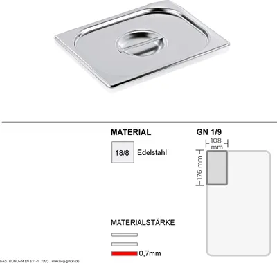 Gastronorm Deckel GN 1/9 -  GN90 - 18/8 Edelstahl - 0,7mm