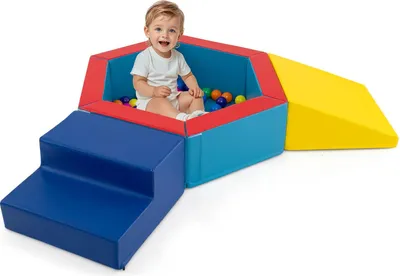 Produktbild von Schaum-Spielset - 3-teiliges Baustein-Set mit Bällebad - 100 Bälle - Weicher Schaumstoff - Für Kinder 3–6 Jahre - Große Bausteine - Mehrfarbig