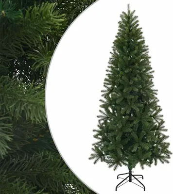 A full shot of a green artificial Christmas tree on a white background.