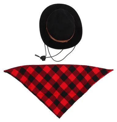 Immagine prodotto di Cappello da cowboy e sciarpa per cani, set di costumi regolabili per animali domestici per giochi di ruolo alle feste di Halloween (griglia nera e rossa)