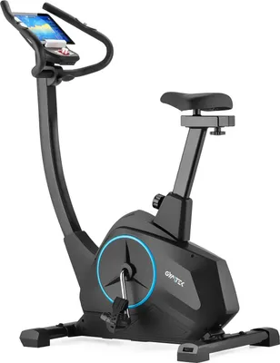 A black stationary exercise bike with a tablet holder and LCD display.