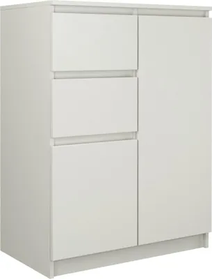 A white modern chest of drawers with a cabinet door.