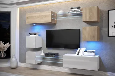 Obrázok produktu pre Obývacia stena Furnitech | Moderná obývacia stena | Obývacia stena s policami a TV skrinkou | Nábytok do obývačky bez LED (AN65N-21SW-HGM6)