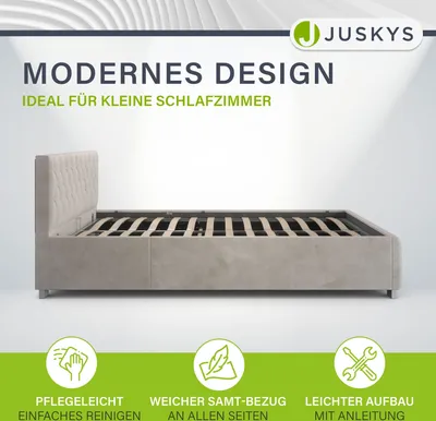 Produktbild von Juskys Polsterbett Nizza 120x200 cm Beige - Bettgestell mit Lattenrost, Stauraum & LED Beleuchtung - Bett mit Samtbezug & Chesterfield-Steppung