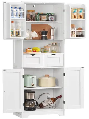 Image de Armoire de cuisine haute, 4 portes, 2 tiroirs, étagères réglables, 161 cm, blanche