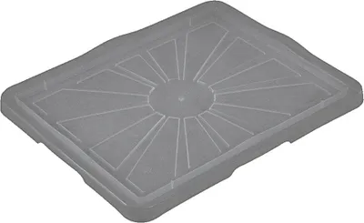 A close-up, angled view of a transparent gray plastic lid for a storage box.