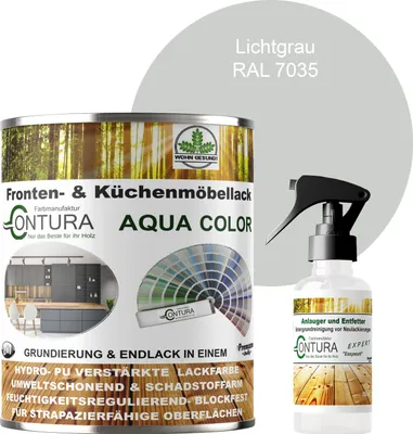 Produktbild von 750ml. + Anlauger - Contura Küchenmöbellack RAL Möbellack SEIDENMATT SET Möbelfarbe Holzlack Buntlack Küchenlack - RAL 7035 Lichtgrau