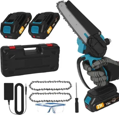 Image de Mini tronçonneuse à batterie - Tronçonneuse électrique sans fil - Guide-chaîne de 15 cm - Rechargeable - 2 batteries - Pour la coupe de bois et l'élagage