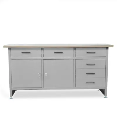 Produktbild von Werkbank mit Arbeitsplatte Werktisch mit 6 Schubladen 2 Schließfächer Verstellbare Füße MDF-Arbeitsplatte Belastbar bis 500 kg 170x60x85 cm Grau