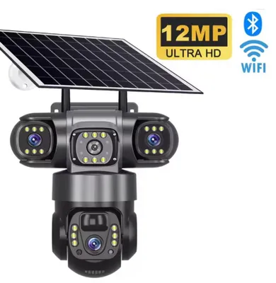 Produktbild von 12 MP HD-Solar-Außenkamera mit 3 Objektiven, 3 Bildschirmen, 10-fachem Zoom, CCTV-Nachtsicht, IP66-Wasserdichtigkeit, PIR-Personenerkennung