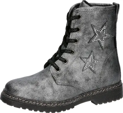 A single silver boot with black laces and star embellishments is shown against a white background.