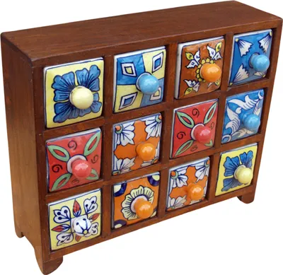 Produktbild von Apothekerschränkchen mit Bunten Keramik Schubfächern, Gewürzkiste - 4*3 Fächer Modell 1, Braun, Holz, 24*30*10 cm, Dosen, Boxen & Schatullen