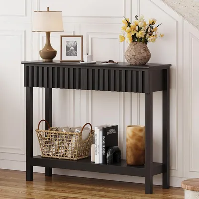 Productafbeelding van Smalle console tafel met 2 lades en een opbergruimte – Geflamd design, hout, zwart