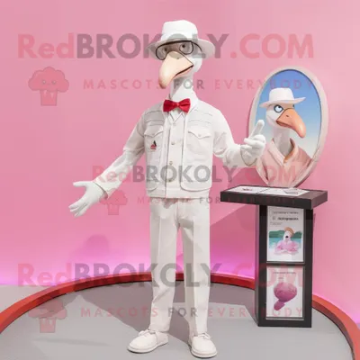 Produktbild von Weißer REDBROKOLY Flamingo Maskottchen Kostüm charakter mit Weste und Hutnadeln