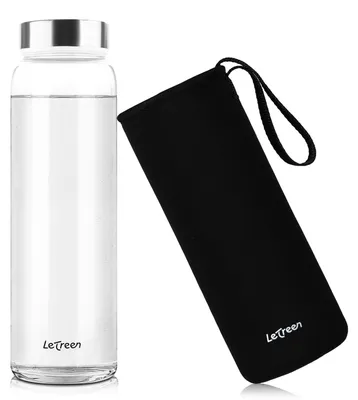 Productafbeelding van Glazen drinkfles 1 liter met hoes - Waterfles glas - Waterfles 1 liter - Borosilicaatglas - Met neopreen hoes