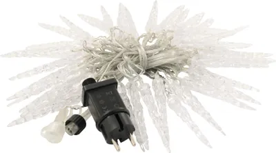 A string of icicle-shaped LED lights with a power plug.
