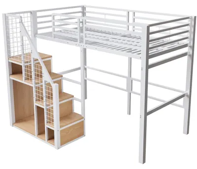 Obrázok produktu pre Detská posteľ s hornou časťou – kovový rám – bezpečnostné rebrík – úložný priestor – 140 x 200 cm – biela