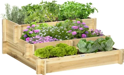Produktbild von Hochbeet, Blumenkasten, 3-stufig, Drainageöffnung, Stoffauskleidung, Naturholz, 93 x 93 x 35 cm