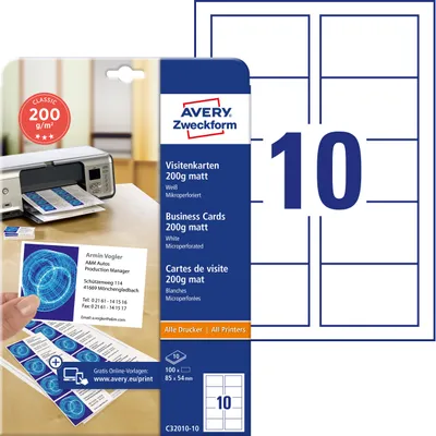Produktbild von Avery Zweckform C32010-10 Classic Visitenkarten, 85 x 54 mm, beidseitig beschichtet - matt, 10 Blatt