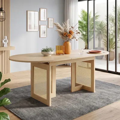 Immagine prodotto di Tavolo allungabile per sala da pranzo con piano spesso, tavolo da pranzo con gambe in rattan, tavolo da cucina 160-200x90x75 cm, colore noce
