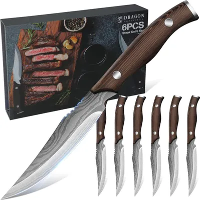 Produktbild von Premium Steakmesser Set Grillbesteck 6tlg Edelstahl Holzgriff Scharfe Fleischmesser Geschenkidee für Männer Frauen