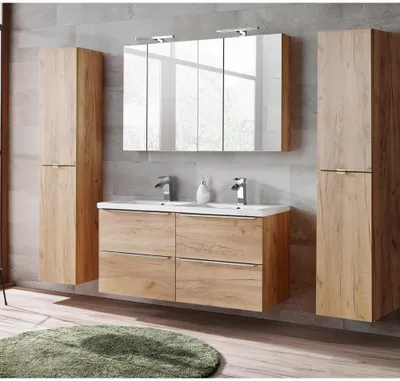 Produktbild von Badmöbel Set mit Doppel-Keramikbecken und 2 Spiegelschränken TOSKANA-56 Wotaneiche BxHxT ca. 230/190/46cm