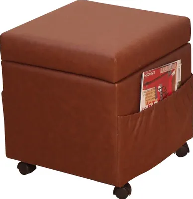 A brown upholstered ottoman with storage and side pockets for magazines, shown on a white background.