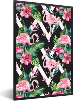 Produktbild von MuchoWow® MuchoWow® Gerahmtes Poster Muster - Blumen - Flamingo 40x60 cm - Poster mit zchwarzem Bilderrahmen - Papierdruck - Wandbilder