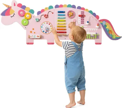Obrázek produktu pro COSTWAY Montessori Busy Board, 11-v-1 motorická deska ze dřeva s xylofonem, kostkami, hodinami, počítadlem a otočnými částmi, motorická deska, hračka, pro děti od 1 roku