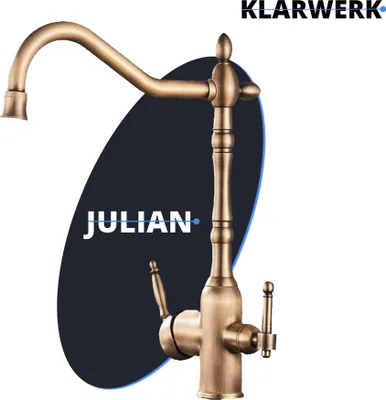 Produktbild von KLARWERK® Julian | Retro 3-Wege Armatur Edelstahl Gold Messing | Vintage Filter Wasserhahn Küche | 360° Osmose Mischbatterie U-Auslauf 3 Anschlüsse