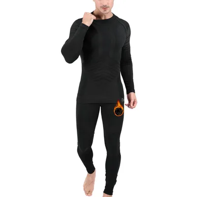 Produktbild von Thermounterwäsche-Set für Herren, bestehend aus langärmeligem Sportshirt und Hose, geeignet für Wintersportarten wie Skifahren – Schwarz-L