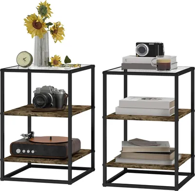 Image de lot de 2 tables basses, table d'appoint avec plateau en verre, table de salon à 3 niveaux, table basse pour salon, chambre, entrée, 37 x 40 x 55,5 cm, brun rustique