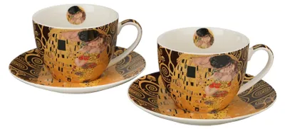 Produktbild von DUO | Tasse -  Kaffeetassen - Klimt Der Kuss - 2x250 ml - 2er Set Porzellantassen mit 2 Untertassen - braun creme