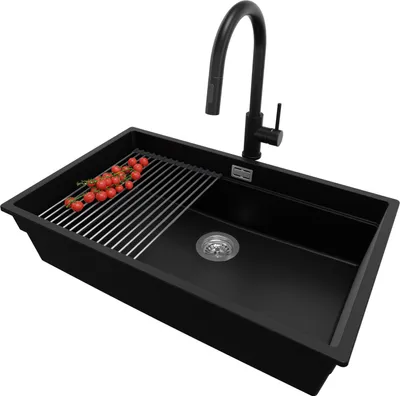 Produktbild von PRIMAGRAN Granitspüle Schwarz 76x47cm, Spülbecken 1 Becken + Ablauf-Set + Küchenzubehörset, Küchenspüle ab 80er Unterschrank - Praga Slim