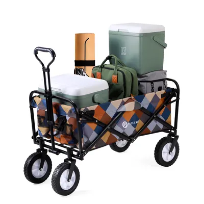 Produktbild von Zusammenklappbarer Bollerwagen aus waschbarem Polyester, bis 70 kg belastbar – 98 x 53 cm – Blockmuster