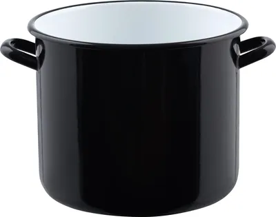 A black enamel pot with white interior and handles, shown from a slightly elevated front-side angle against a white background.