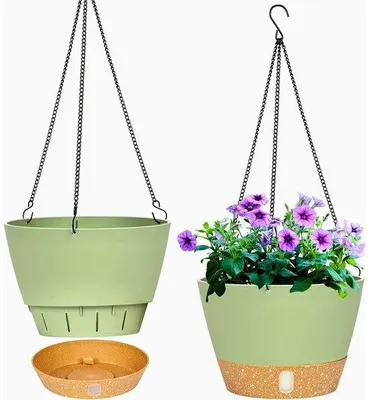 Immagine prodotto di Set di 2 vasi da fiori sospesi, vasi da fiori sospesi da 20,3 cm (interni ed esterni), vaso da fiori sospeso con foro di drenaggio e 3 ganci per casetta da giardino (verde)