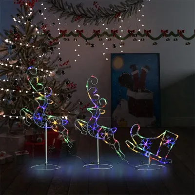 Christmas decorations including a tree, garland, and illuminated reindeer and sleigh figures.