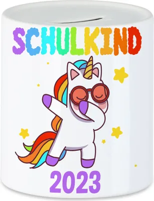 Produktbild von Schulkind 2023 Spardose  Einschulungsgeschenk Einhorn Unicorn Fans Buntes Motiv Regenbogen